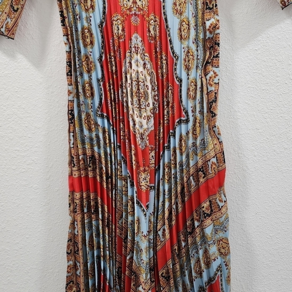 ZARA Boho Patchwork Wrap Midi Dress Red Blue Print Belted Pleated V-Neck - Picture 2 of 15